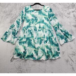 Aura Dress Size S Green White Tropical Palm Leaves Bell Sleeves Back Tie Mini